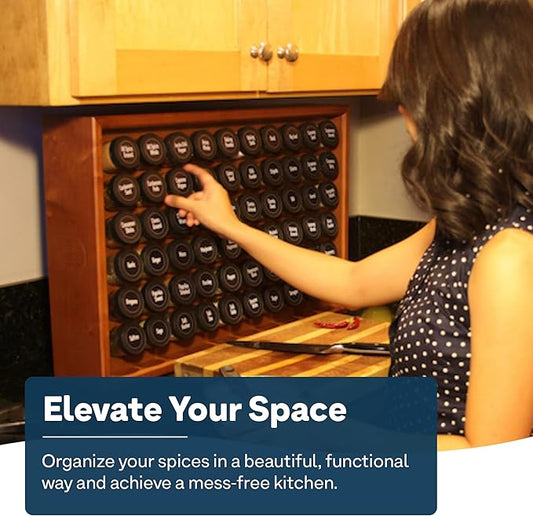 AllSpice Wood Spice Rack Organizer, 525 Unique Labels, Countertop or Wall Mount, Includes 60 4oz Jars- Cherry Stain