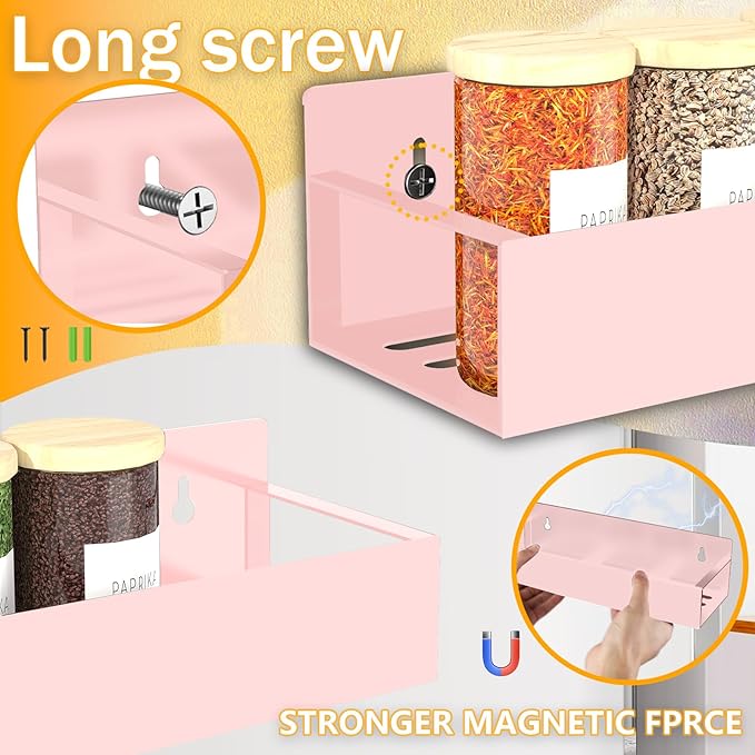 Magnetic Spice Rack Organizer for Fridge Seasoning Organizer for Kitchen storage with Screw or Adhesive Hanging,Magnetic Shelf with Hook for Refrigerator and Oven (Pink, 4pack)
