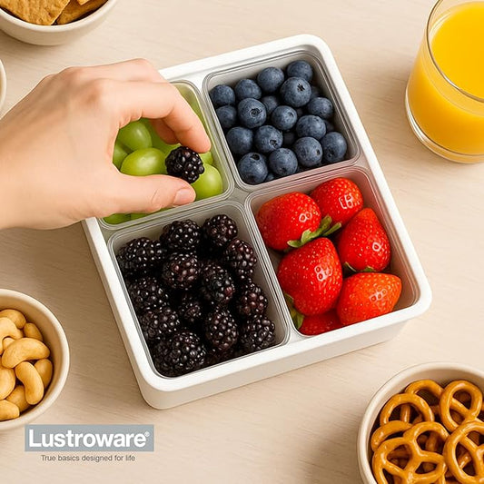 Gourmet Palette Airtight 4-Compartment Serving Tray with Lid – Portable Charcuterie Container, Snack Box, Removable Dividers, Snackle Platter for Fruit, Veggies, Appetizers, Square Design