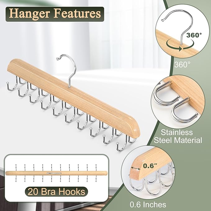 2 Pack Bra Hangers for Closet Organizer, Round Rectangle Bra Organizer with 40 Stainless Steel Hooks, Wooden Tank Top Hanger, Closet Organizers and Storage for Bras Camis Belts Ties, Natural