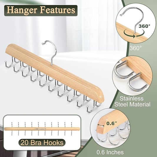 2 Pack Bra Hangers for Closet Organizer, Round Rectangle Bra Organizer with 40 Stainless Steel Hooks, Wooden Tank Top Hanger, Closet Organizers and Storage for Bras Camis Belts Ties, Natural