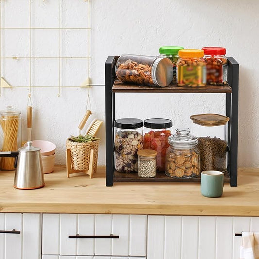 Youeon Wooden Coffee Bar Organizer 15.7x7x15.2 in, 2 Tier Kitchen Countertop Organizer for Coffee Bar Accessories, Wooden Shelf for Spice Jars, Condiment, Syrup Bottles, Kitchen, Office