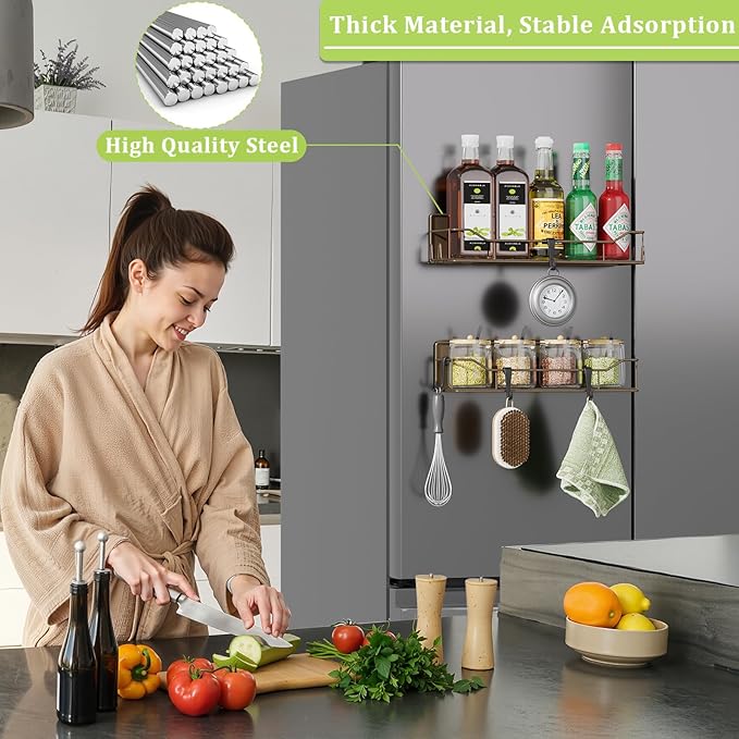 Magnetic Spice Rack for Refrigerator, 2 Pack Strong Magnet Spice Organizer Shelves with Hooks, Magnetic Fridge Shelf for Kitchen Organization and Storage, Seasoning Organizer Gadgets (Brown)