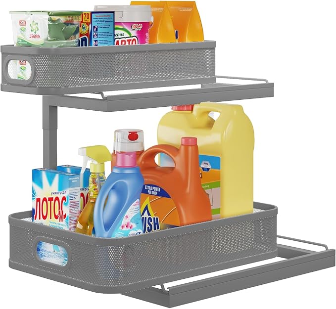 1 Pack-14.4"-14.9"IN Under Sink Organizers And Storage Height Adjustable,Mesh Under Cabinet Organizer For Kitchen,Bathroom-Gun Gray