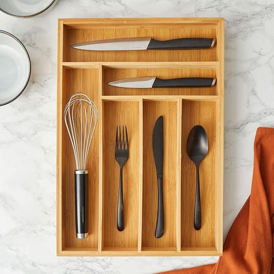Juvale Bamboo Silverware Organizer for Drawer, Kitchen, 6 Slot Utensil Tray (17 x 11.75 x 1.75 In)