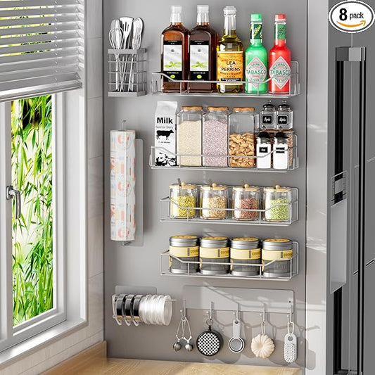 Magnetic Spice Rack for Refrigerator,8 Pack Magnetic Fridge Shelf, Moveable Spice Organizer with Hook Rack, Paper Towel Holder, Utensil Holder,cup lid holder, Super Magnetic Rack Set (Grey)