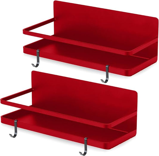 2 Pack - Magnetic Spice Rack, Fridge Organizer Shelf, Side Wall Refrigerator Storage for Spices, Utensils or Plates, Works as Towel Holder with Hooks, Organization for Home and Kitchen (Red)