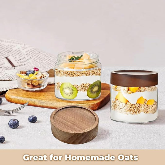 17 Fl oz/500 ml Glass Food Storage Jar, Small Clear Glass Container Jar with Airtight Wooden Screw Lid, Kitchen Canisters for Coffee,Tea,Pasta,Cookies, Nuts,Spice,Candy,Overnight Oatmeal