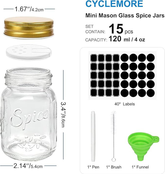 CycleMore 15 Pcs Glass Mason Spice Jars 4oz Empty Spice Bottles with Blank Labels and Shaker Lids, Gold Airtight Metal Caps, Chalk Marker and Collapsible Funnel Included