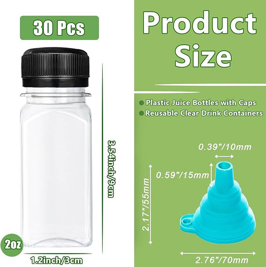 30 Pcs 2oz Plastic Juice Bottles with Caps,Reusable Clear Drink Containers,Transparent Square Bottle with Lids for Juices,Milk,Smoothies,Tea and Other Beverages(Black)