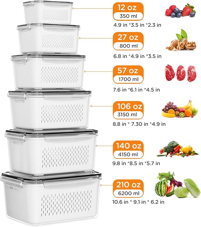 6 PCS Fruit Storage Containers for Fridge with Removable Colanders, 6 Plastic Food Storage Containers with 6 Lids, Leakproof Produce Containers Keep Fruits, Vegetables, Berry, Meat Fresh Longer