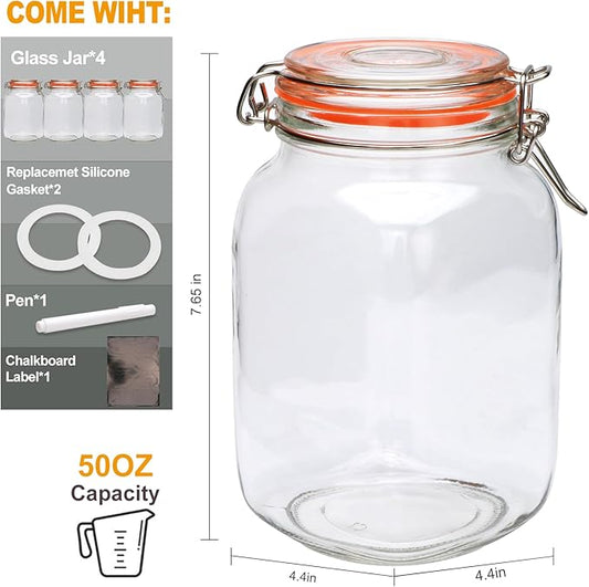 Encheng 50oz Glass Jars with Clamp Lids,Set of 4,1500ml Square Wide Mouth Mason Jars with Airtight Lids,Large Glass Storage Container with Clip Lids for Kitchen,Flour,Pasta,Beans