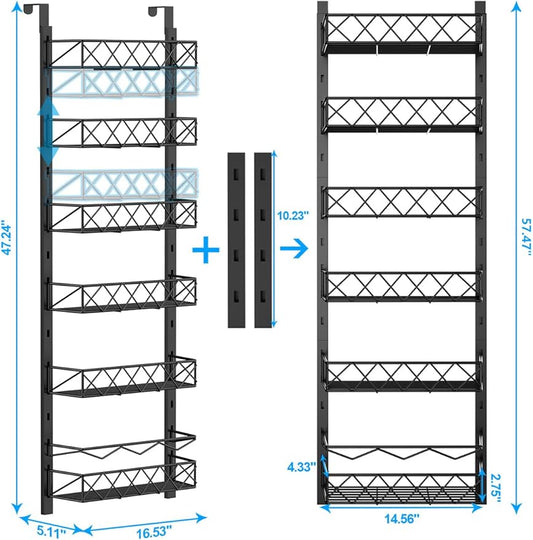 6-Tier Over the Door Pantry Organizer, Pantry Organizers and Storage, 6+1 Metal Hanging Wall Mount Spice Rack for Kitchen Behind the Door Storage Organizer with Adjustable Basket