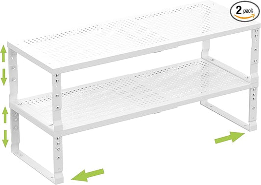 Expandable Cabinet Shelf Organizer Storage Spice Rack Shelves for Kitchen Stackable Adjustable Pantry Cupboard Bathroom Countertop Desktop(2Packs/White/Medium-with Hole)