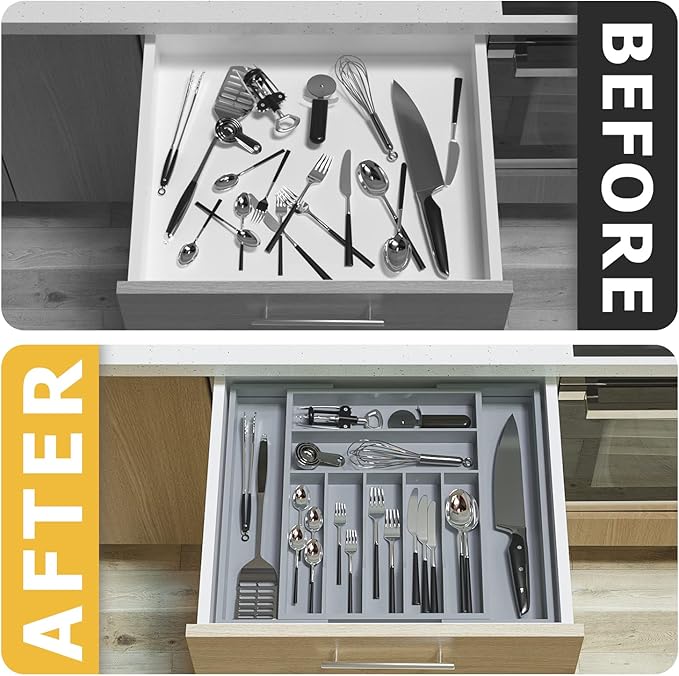 Silverware Organizer Utensil Drawer Organizer - Bamboo Cutlery Organizer Kitchen Drawer Organizer for Silverware, Utensils, Cutlery, Flatware, Knives W13.5-19.9" x L17.6 (Grey)