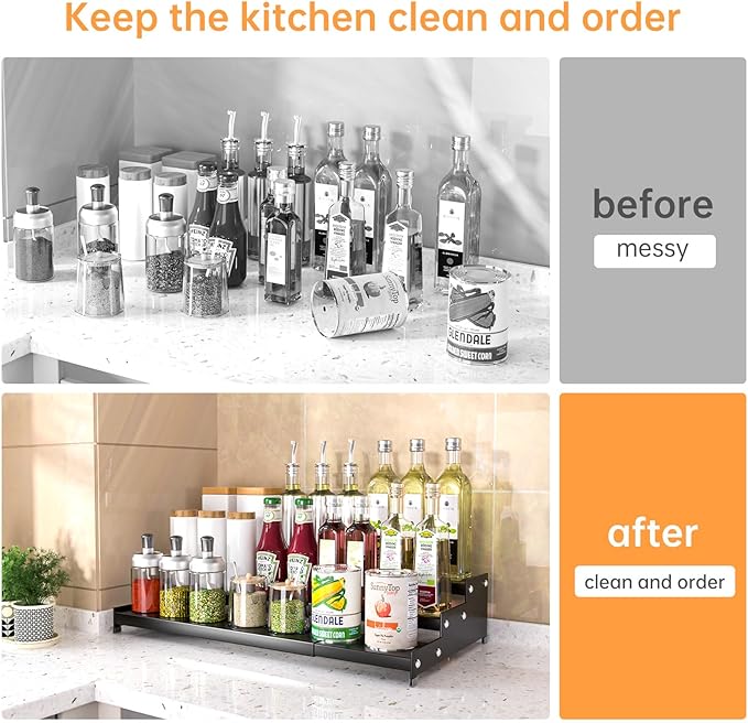Premium Spice Rack Organizer for Countertops - 3-Tier Space-Saving Kitchen Organizer for Spice Jars, Oil Bottles and Utensils 2 Pakcs Black (Modern Rust-Resistant Design)