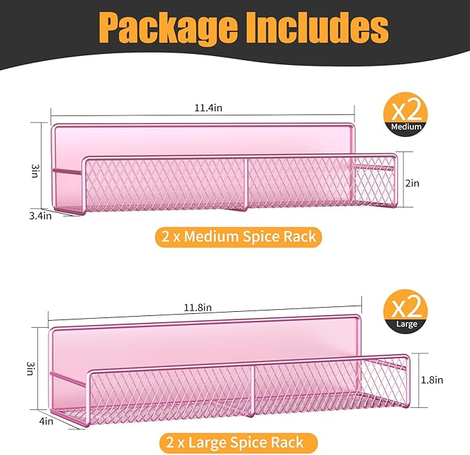 Magnetic Spice Rack for Refrigerator, 4 Pack Metal Magnetic Shelf Pink, Moveable Spice Organizer, Super Magnetic Fridge Shelf for Kitchen Organization and Storage
