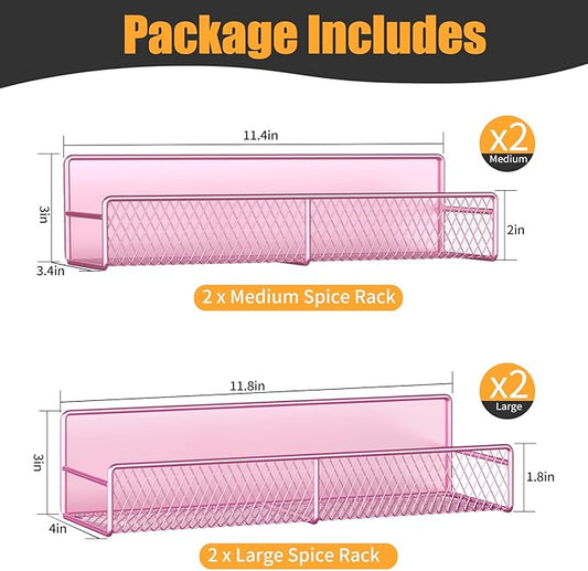 Magnetic Spice Rack for Refrigerator, 4 Pack Metal Magnetic Shelf Pink, Moveable Spice Organizer, Super Magnetic Fridge Shelf for Kitchen Organization and Storage