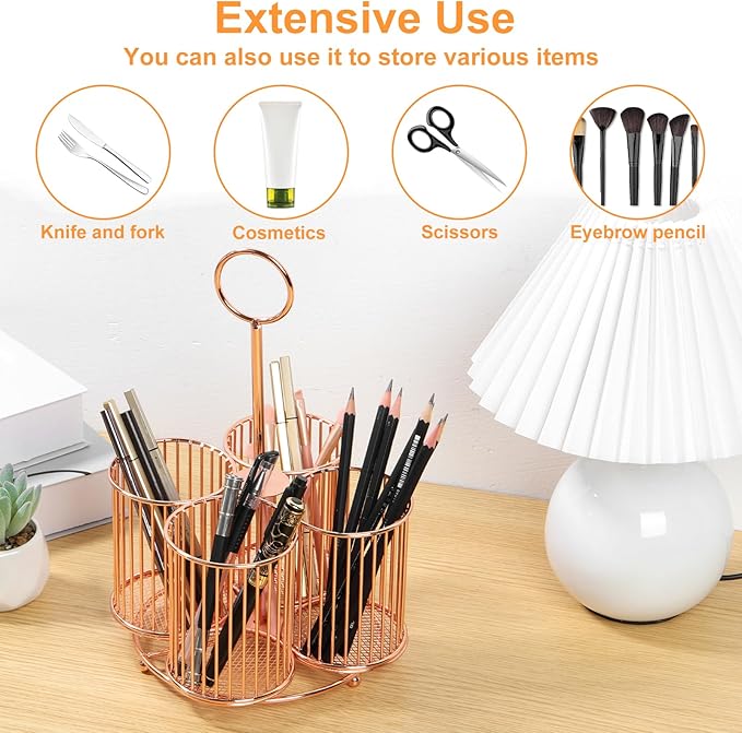 360° Rotating Utensil Caddy 4 Compartment Metal Utensil Organizer with Handle 6.3×6.3×11 Inch Kitchen Utensil Caddy Multifunctional Cutlery Storage Holder Portable Flatware Organizer for Home Party US