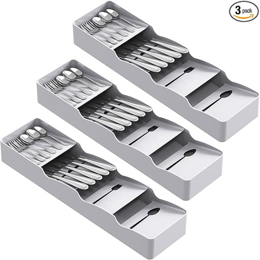 Lifewit Compact Flatware Drawer Organizer, Narrow Silverware Tray for Kitchen Drawers, Plastic Cutlery Holder for Spoons, Forks and Knives, Utensils Storage Organization, 3 Pack, Gray