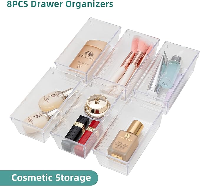 Backerysupply Clear Plastic Drawer Organizer Tray for Vanity Cabinet (6"×3"×2" Set of 8) Storage Tray for Makeup, Kitchen Jewelries and Gadgets