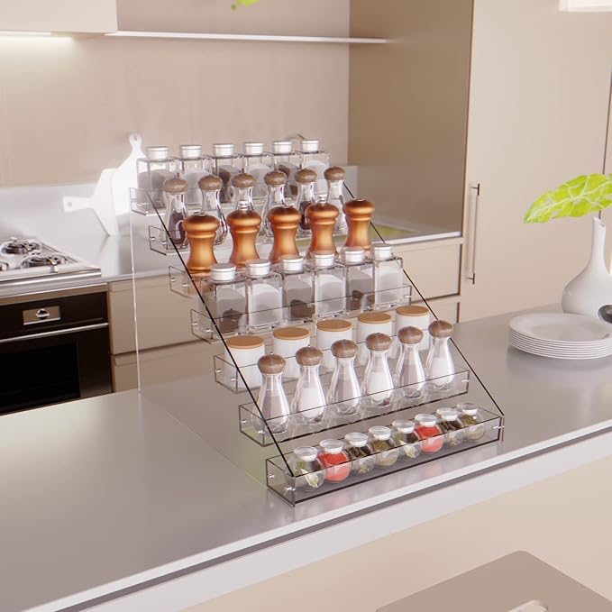 Tiered Spice Rack Acrylic, 7 Tier Clear Spice Rack Organizer for Cabinet, Vertical Spice Rack Shelf Durable Kitchen Seasoning Organizer for Countertop, Cabinet, Pantry, Kitchen Storage (7 Tier)