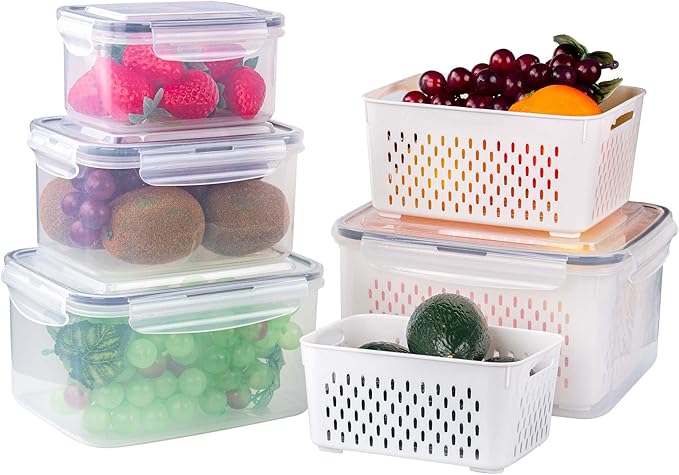 4 Pack Fresh Food Storage Containers, Large Capacity Produce Saver Box with Drain Baskets & Lid, Fridge Organizer, Airtight Fruit Organizer for Refrigerator, Stackable Plastic Fruit Veggie Saver