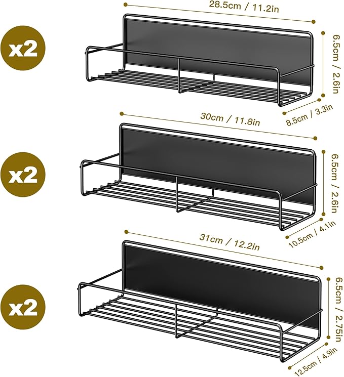 6 Pack Magnetic Spice Rack Organizer, Space Saver for Refrigerator and Whiteboard, Metal Fridge Shelf for Kitchen and Classroom, Black