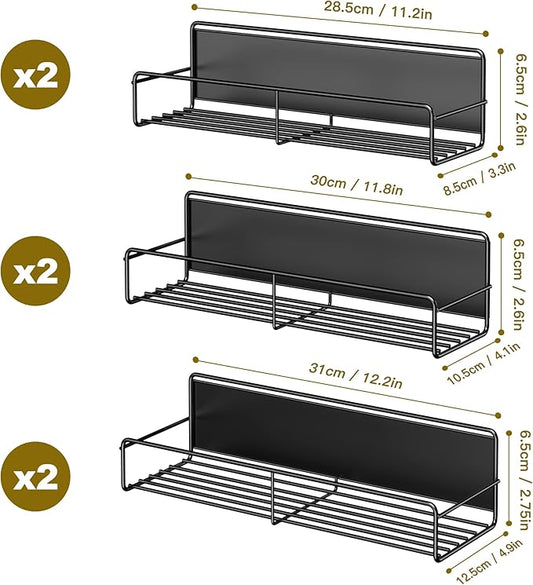 6 Pack Magnetic Spice Rack Organizer, Space Saver for Refrigerator and Whiteboard, Metal Fridge Shelf for Kitchen and Classroom, Black