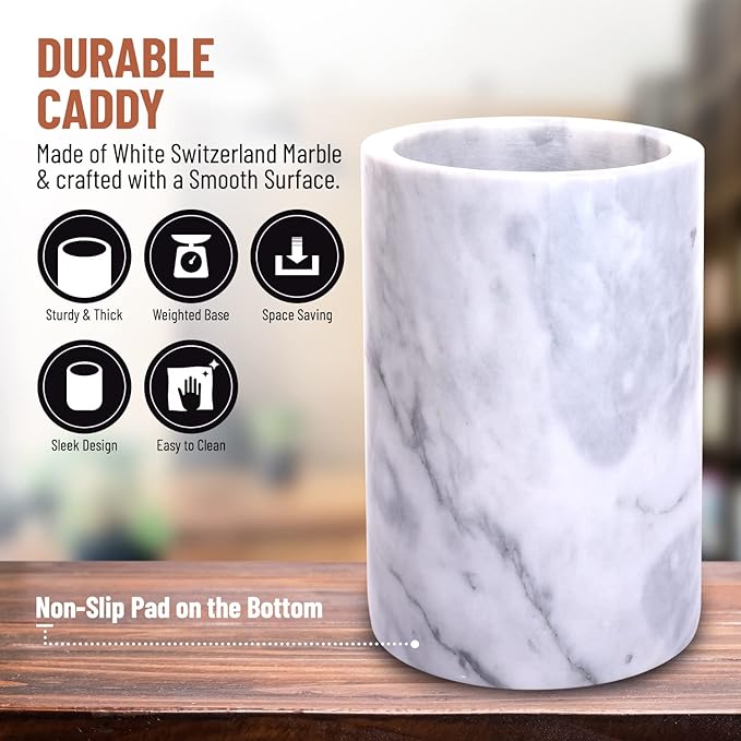 Homeries Marble Utensil Holder Set - Utensils Included - Flatware & Utensil Storage Organizer for Countertops, Pantry, Bathroom, Office & Center Table - Stylish Kitchen Counter Decor