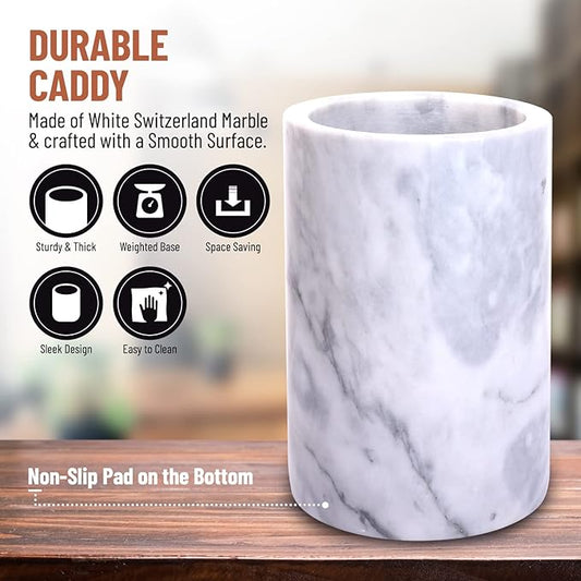 Homeries Marble Utensil Holder Set - Utensils Included - Flatware & Utensil Storage Organizer for Countertops, Pantry, Bathroom, Office & Center Table - Stylish Kitchen Counter Decor