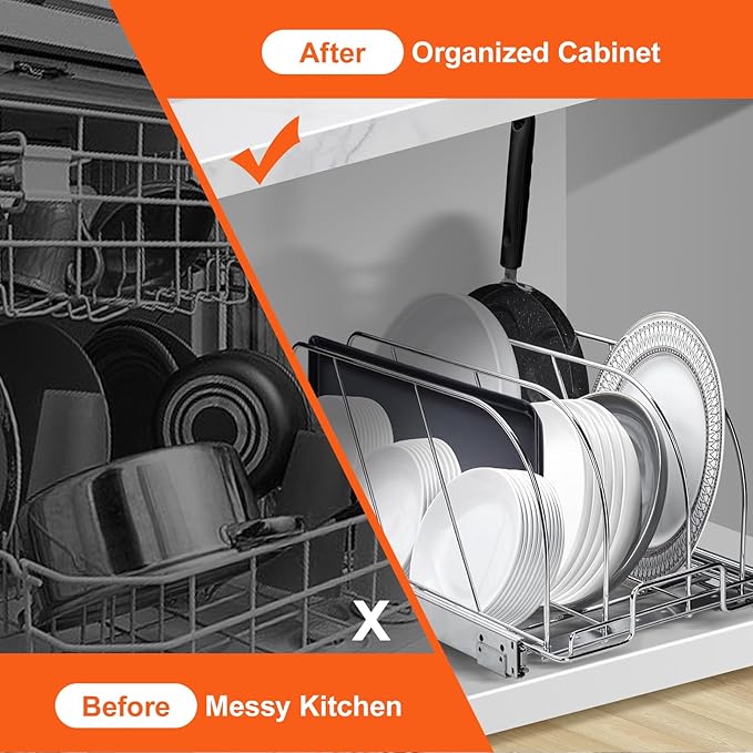 VEVOR Pan and Pot Rack, Expandable Pull Out Under Cabinet Organizer, Cookie Baking Pans tray Organization, Adjustable Wire Dividers, Steel Lid for Kitchen Cabinet & Pantry, 9.5"W