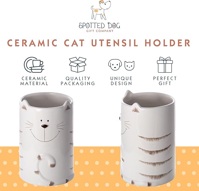 SPOTTED DOG GIFT COMPANY Cat Utensil Holder, Ceramic Utensil Crock, Cute Kitchen Countertop Decor, Baking & Cooking Tools Organizer, Gifts for Cat Lovers & Pet Owners 4.3" x 6.3"