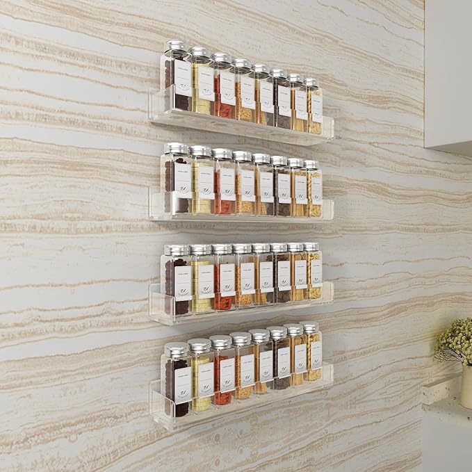 FEMELI Acrylic Wall Mount Spice Rack - 15 Inch, 4 Pack Hanging Spice Rack Shelf for Cabinets, Cupboard or Pantry Door, Kitchen Organizer