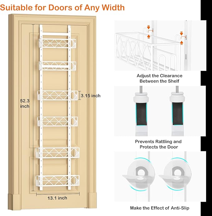 Over the Door Pantry Organizer 6-Tier Adjustable Baskets Hanging Spice Door Rack Narrow - 13.1" W x 52.3" H Behind the Door Storage for Kitchen, Bathroom, and Closet Organization-White