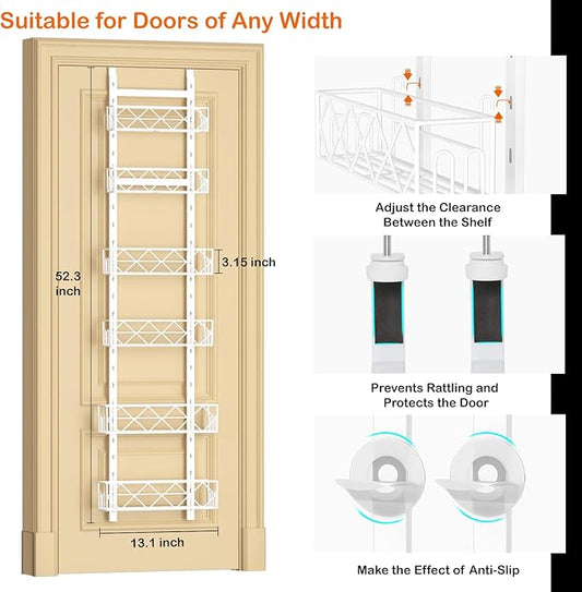 Over the Door Pantry Organizer 6-Tier Adjustable Baskets Hanging Spice Door Rack Narrow - 13.1" W x 52.3" H Behind the Door Storage for Kitchen, Bathroom, and Closet Organization-White