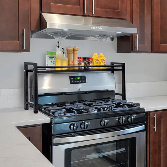 MyGift 33 Inch Wide Over The Stove Top Spice Shelf, Industrial Black Metal Stovetop Range Display Rack, Space Saving Kitchen Counter Storage Organizer Stand