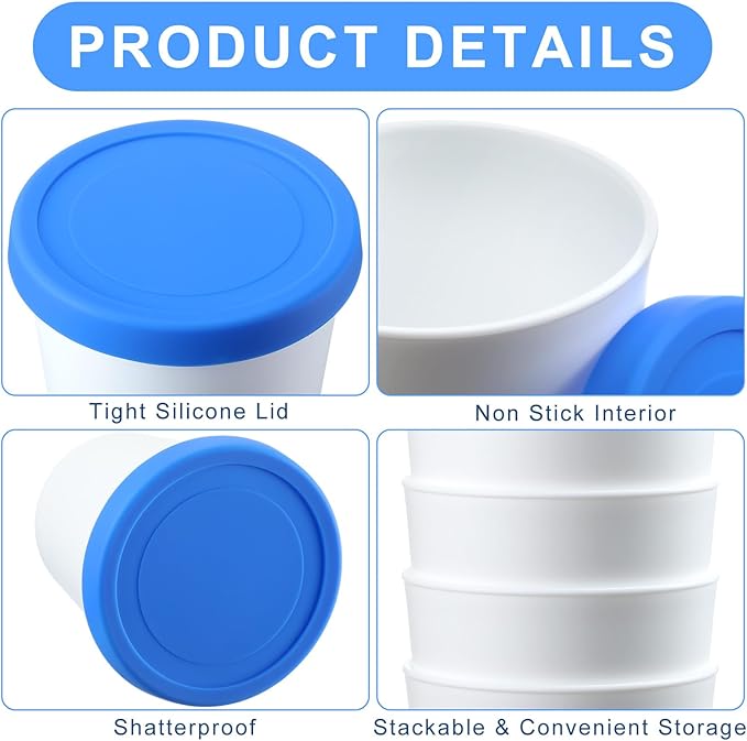 Uiifan 8 Pcs 1 Qt Ice Cream Containers for Homemade Ice Cream Reusable Ice Cream Storage Containers with Silicone Lids for Freezer, Freezer Containers Tubs for Ice Cream Sorbet and Gelato Storage