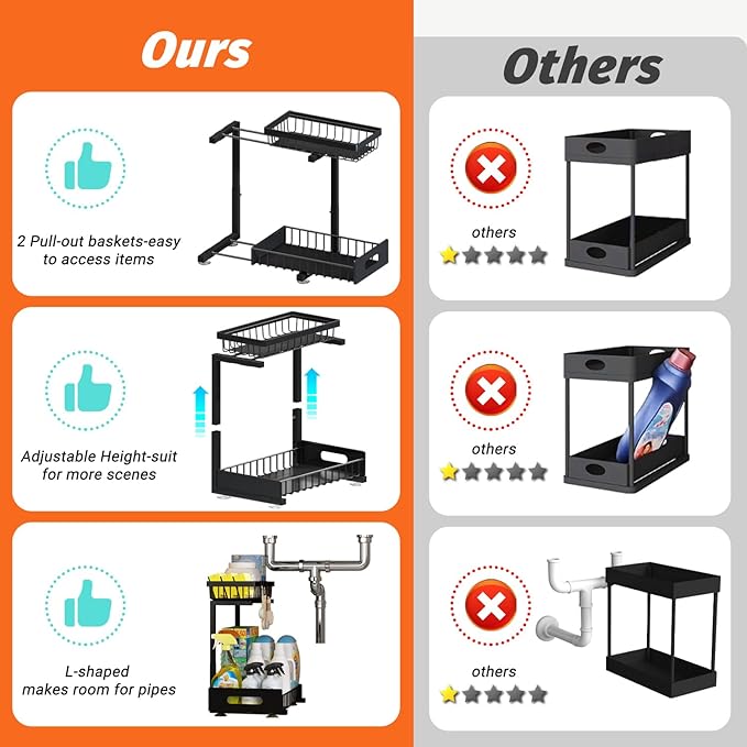 ADBIU Under Sink Organizer(10 Seconds Installation), 1 Pack 2 Tier Expandable Height (11" - 16") Under-Sink Organizers Slide out Pull out Organizer Shelf…