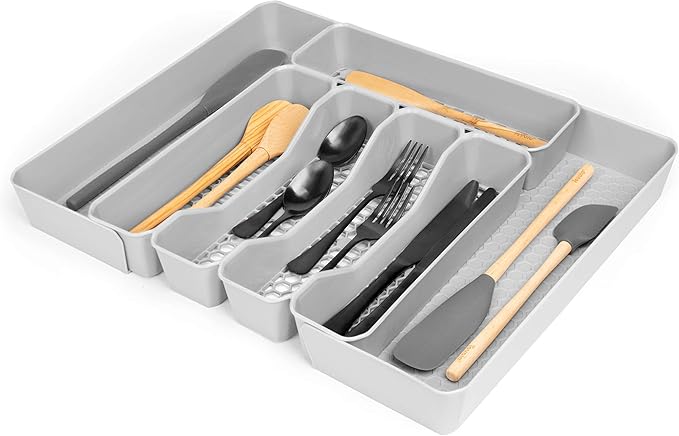 Spectrum HEXA 5-Divider Expandable Silverware Tray (Stone Gray) - In-Drawer Organizer for Kitchen Accessories, Cutlery, Knives, & More/Easy-to-Clean Home & Apartment Essential (Pack of 2)