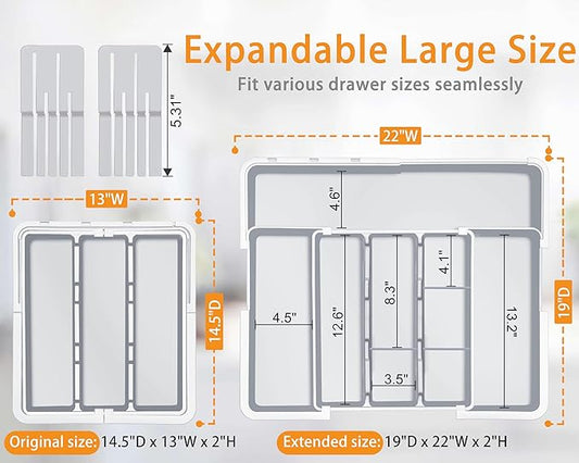 Large Utensil Organizer for Kitchen Drawer, Expandable Silverware Drawer Organizer Cooking Tray, Cutlery and Flatware Utensil Holder Kitchen Spatula Tools Storage with 3 Dividers, Grey