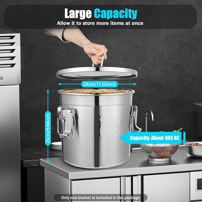 304 Stainless Steel Airtight Canister, Rice Cereal Grain Canisters Container, 6/12/21/33/48 Liters Food Bean Flour Oil Sugar Milk Cookie Storager Bucket w/Handles & Lid for Household Kitchen (12L)