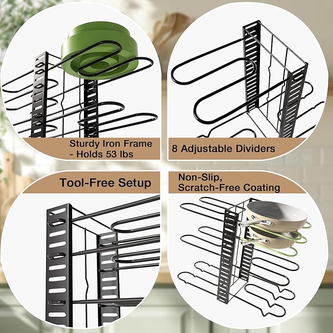 Pot Rack Organizer for Cabinet - Adjustable Pot Lid Holder & Pan Organizer Rack, Heavy-Duty Steel Cookware Storage for Kitchen Cabinet & Drawer Organization, Fits Pots, Pans, Lids