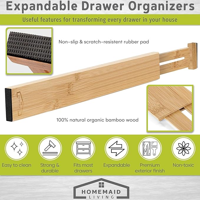 Homemaid Living Bamboo Drawer Dividers Adjustable & Expandable, Kitchen Drawer Organizer, Ideal for Silverware, Dresser Drawer Organizer or Bedroom & Bathroom Drawers Organizers (8pk)