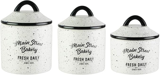 American Atelier Canister Set 3-Piece Glass Jars in Small, Medium, Large. Main St. Design w/Airtight Lids for Cookies, Candy, Coffee, Flour, Sugar, Rice, Pasta, Cereal & More