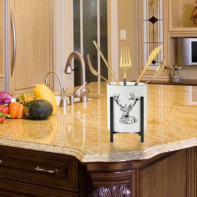 Ceramic Utensil Holder for Countertop, Farmhouse Kitchen Decor for Flatware, SAMAZAMA Utensil Caddy 2 Pcs Set, Rustic Utensil Organizer for Kitchen, Black Deer Pattern