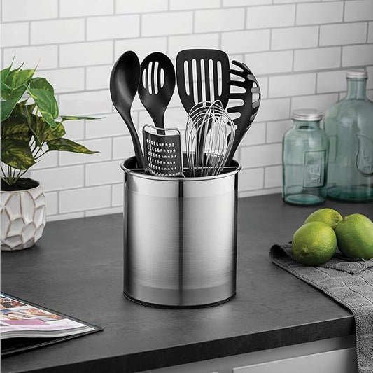 Stainless Steel Rotating Utensil Holder with Weighted Base for Stability, Kitchen Utensil Caddy with Removable Divider, Large Cooking Utensil Holder for Kitchen Counter