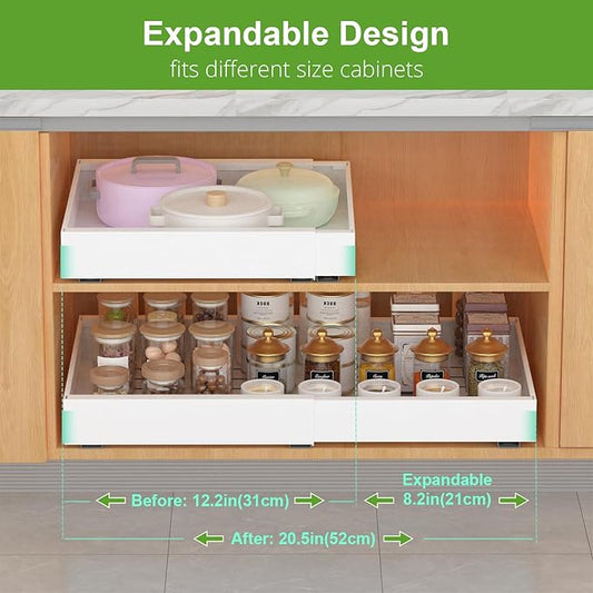 Pull out Cabinet Organizer, Expandable(12.2"-20.5") Heavy Duty Slide Out Drawers, Fixed with Adhesive Nano Film or Screw, Roll out Shelf Storage for Kitchen Base Cabinet Organization(21‘’Deep)
