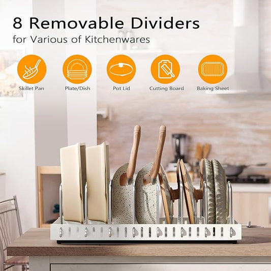 Pull Out Pots and Pans Organizer Under Cabinet, Sliding Lid Holder and Pan Rack in Kitchen, Slide Out inside Cabinet Storage for Pot Lid, Bakeware, Dishes, Pots and Pans Organizer, 1 Pack White