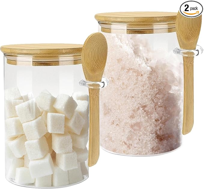 Glass Sugar Container with Spoon - 2 Pack 15oz Glass Jars with Bamboo Lid and Spoon, Bamboo Lid Storage Jar Containers for Coffee Beans, Spice, Brown Sugar, Tea, Flour, Nuts, Candy, Salts and More
